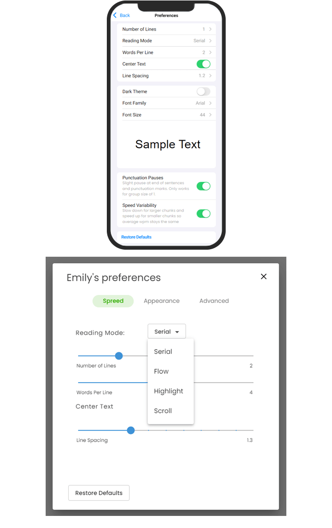 4 customizable reading modes 