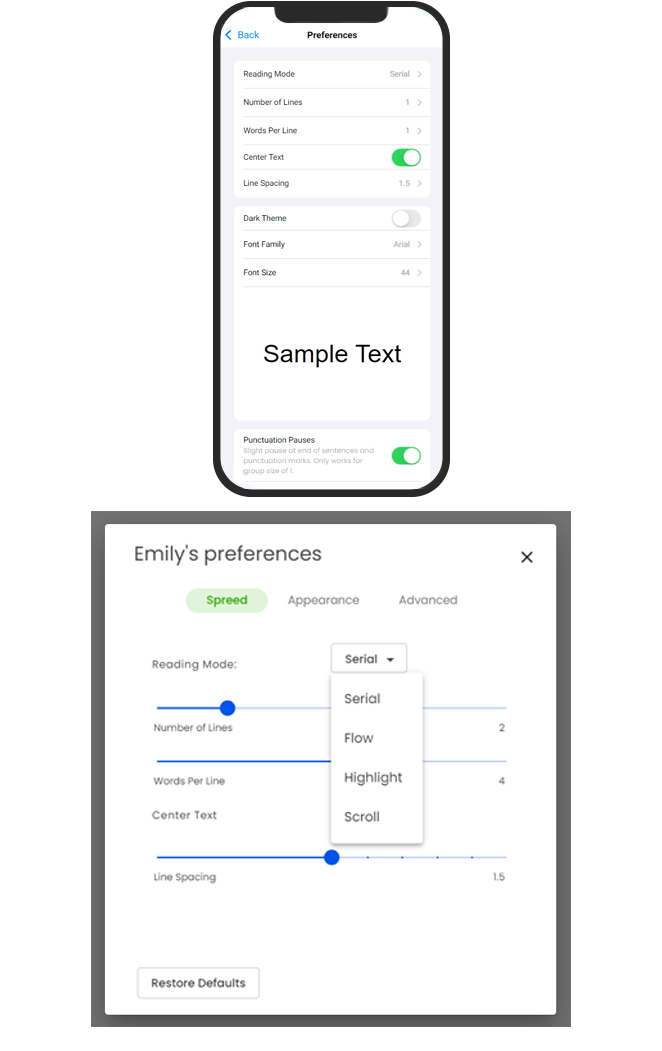 4 customizable reading modes 